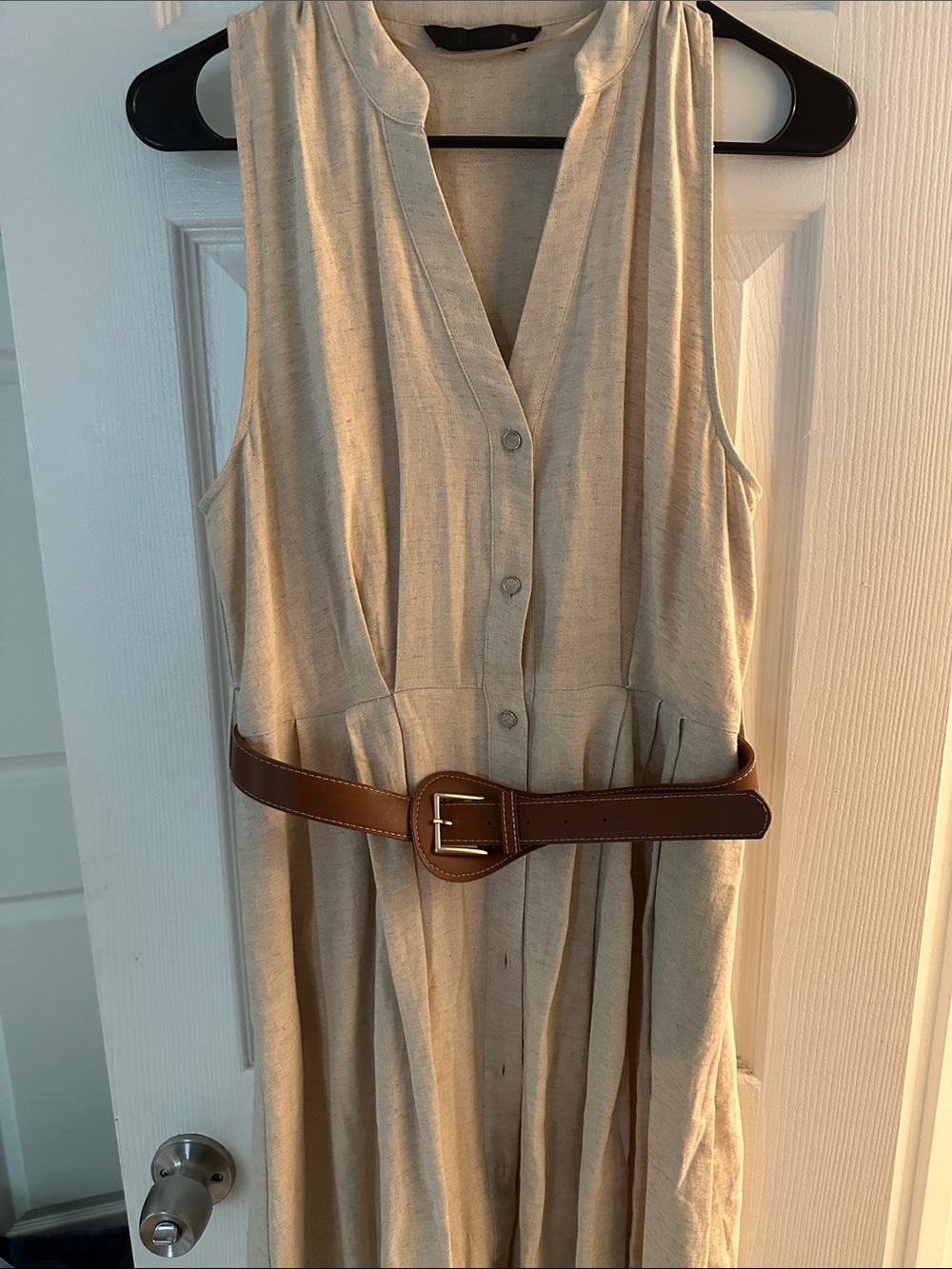 Zara Belted Linen Blend Midi Dress in Cream & Brown